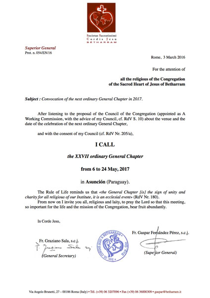 Convocation of the next ordinary General Chapter in 2017